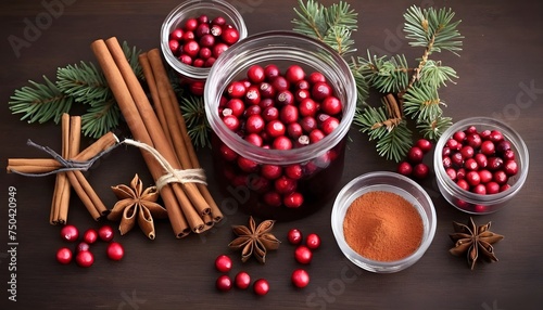 Christmas decoration with punch ingredients: cranberry, cinnamon and spices.