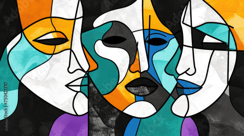 Abstract black and white cubist face with an energetic mix of turquoise, tangerine, purple, lemon yellow and emerald green in retro colors. Illustration for creative design