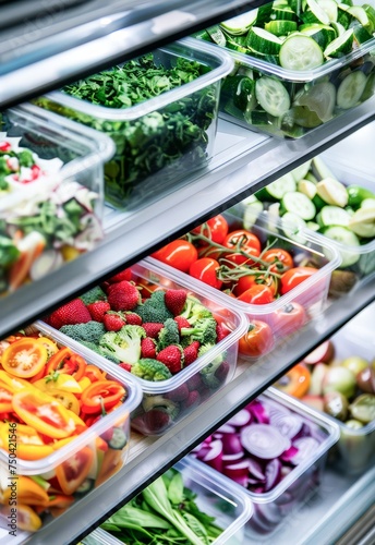 Fresh Cut Vegetables and Fruits Arranged in Transparent Containers in a Refrigerator
