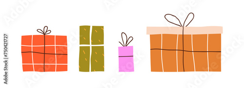 Gift boxes set. Presents in holiday wrapping with tied string bow. Festive surprises, big and small birthday giftboxes, packages wrapped in paper. Flat vector illustration isolated on white background