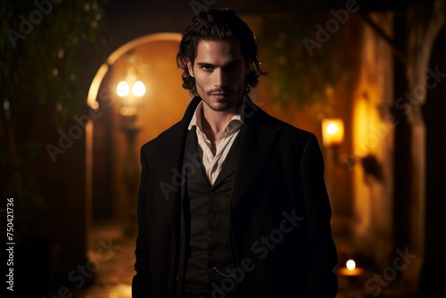 
A male vampire with a mysterious smile and piercing amber eyes, of Spanish descent, standing alone in the moonlit courtyard of his hacienda, his expression a mix of longing and regret. Low key lighti