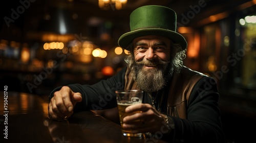 Mature man with green traditional hat celebrating Saint Patrick's Day tradition in bar setting, holding glass of beer. Festive atmosphere holiday, with joyful senior