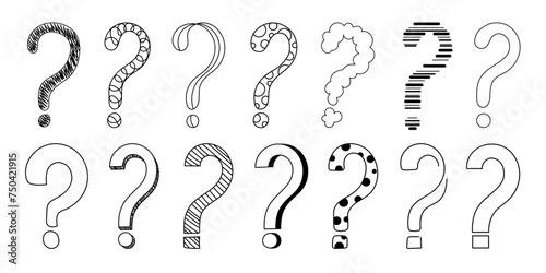 Doodle question mark hand drawn sketch vector illustration set isolated on white background. Collection of various question marks asking or doubt punctuation black and white freehand scribble symbols.