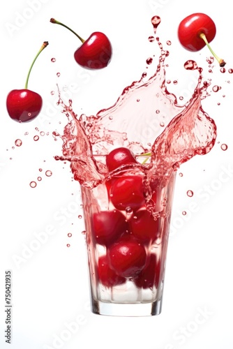 Isolated drink. Glass of cherry juice and two cherries isolated on white background