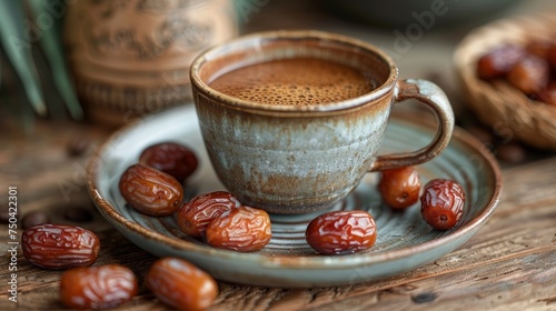 A cup of coffee and dry dates on a saucer ready to be eaten at Iftar time. Islamic religion and Ramadan concept.