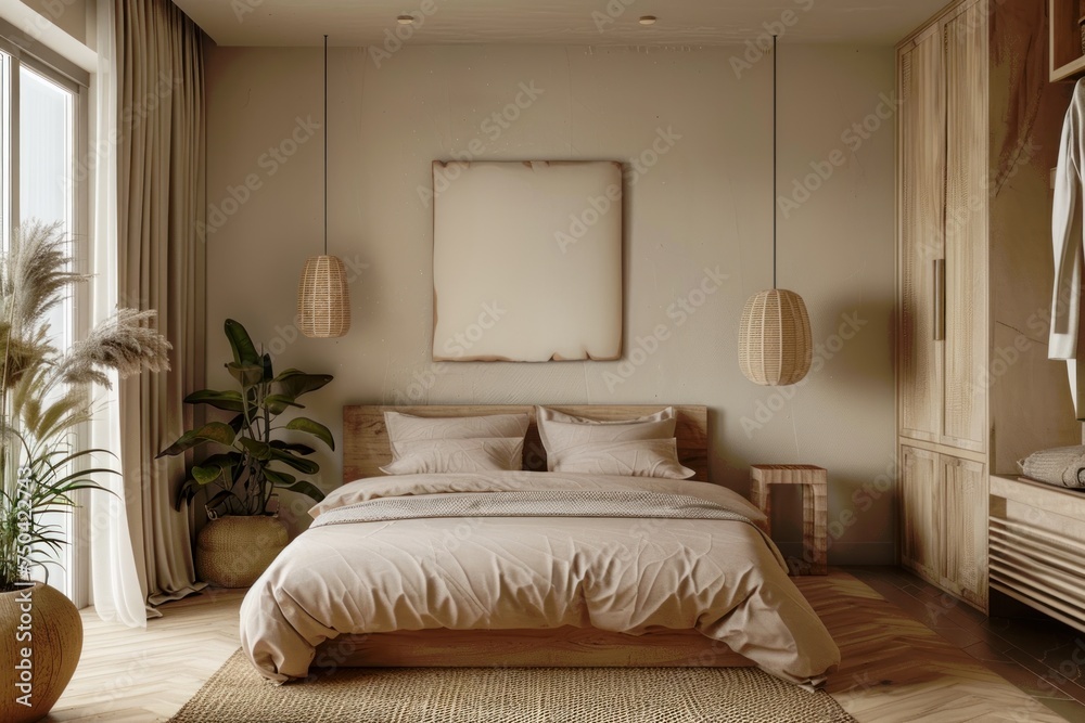 Fototapeta premium Mockup of blank frame in minimalistic interior, bedroom with beige bed, large window and wooden furniture, style of warmcore, earth brown tones, neutral organic design, AI generated