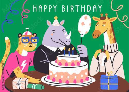 Happy birthday card design, funny wild animals. Cute funky friends characters celebrating holiday, anniversary party celebration with cake, gifts, presents, creative postcard. Flat vector illustration