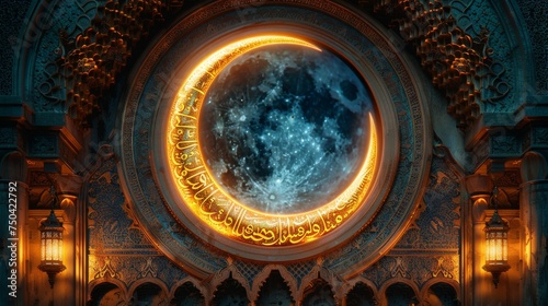 The background shows the Ramadan Kareem. A crescent moon shines out through the mosque window