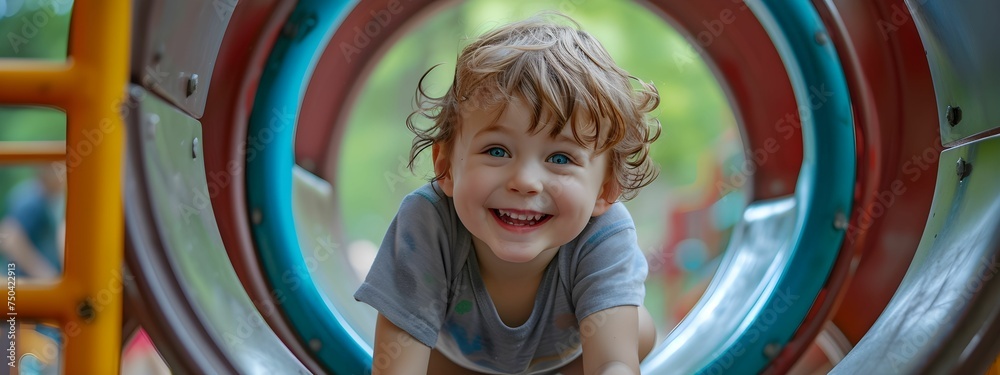 A happy child boy plays on the playground, enjoying the summer fun, kid playful concept A happy child boy plays on the playground, enjoying the summer fun, kid playful concept