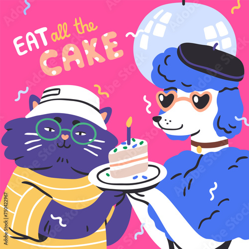 Funny animals with birthday cake. Cool fashion pets with holiday dessert, gre...