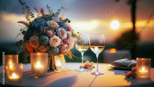 scene at the end of a wedding event, featuring two glasses of wine placed elegantly on a table