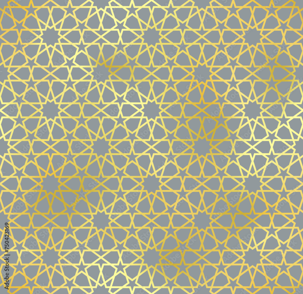 Gold authentic Arabian style seamless pattern. Vector golden Islamic ornament on grey background, shiny traditional muslim texture.