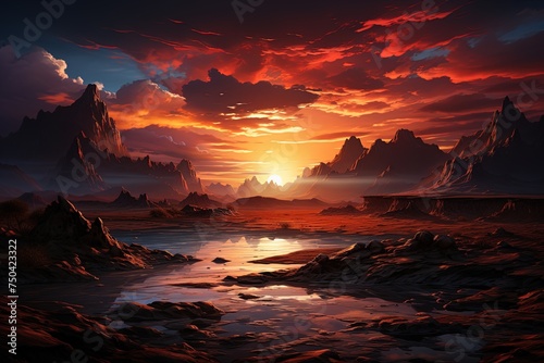 A vibrant sunset over a desert landscape