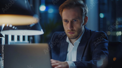 A businessman working in front of his laptop, wearing a serious and thoughtful expression, in an office setting