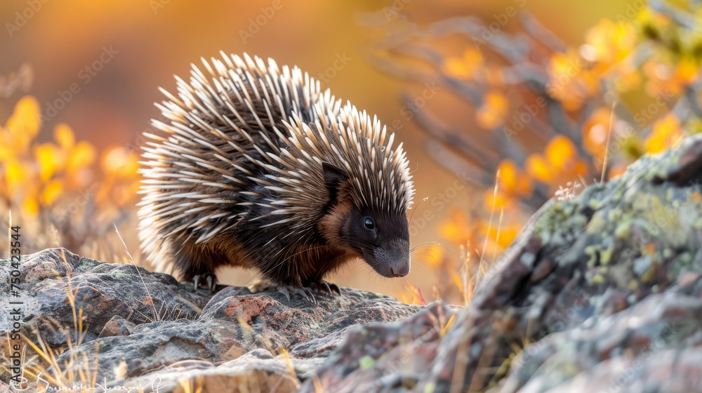 Fototapeta premium A porcupine moves along the ground at sunset, its quills highlighted by the golden light.