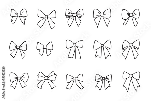 Set of elegant cartoon bows on a white background, gift ribbons. Fashionable accessory for hair braiding. Doodle ribbons. Hand drawn vector  photo