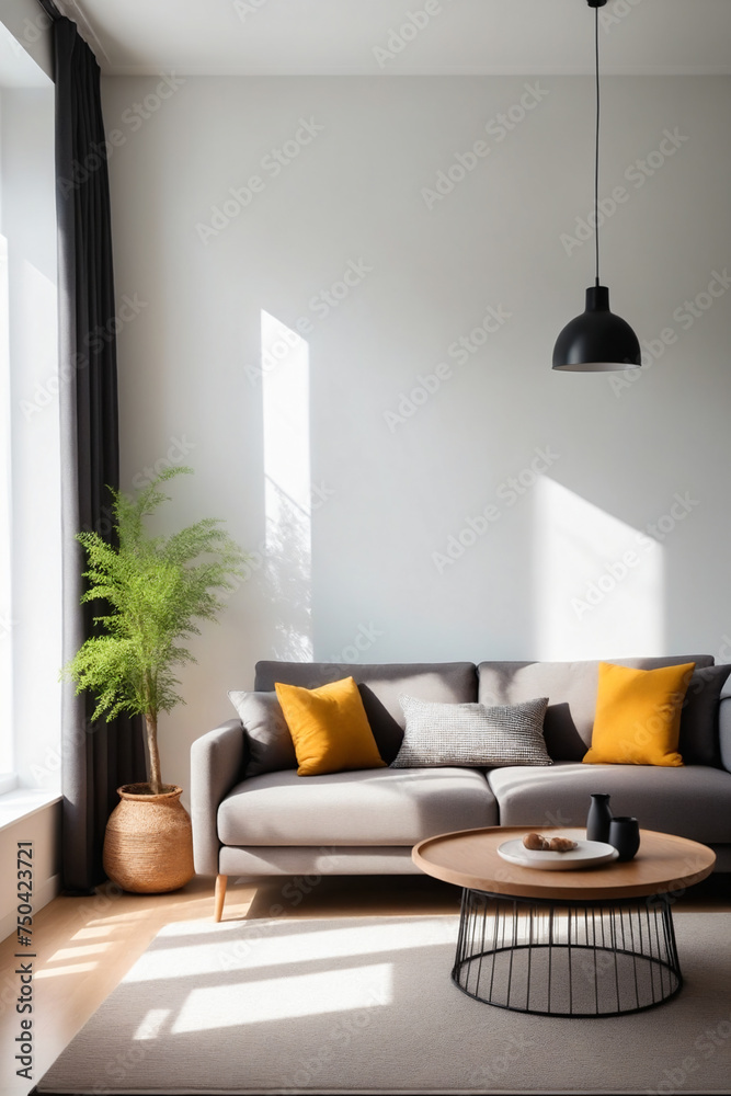 Fototapeta premium Bright and cozy modern living room interior have sofa with white wall background