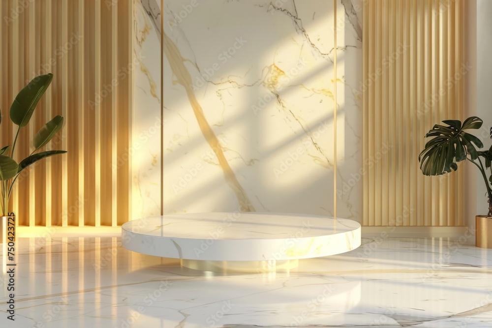 marble Podium stand studio room luxury gold color background 3d pedestal platform background. Premium rose gold golden light scene luxurious style floor stage modern mockup base. with a vase tree