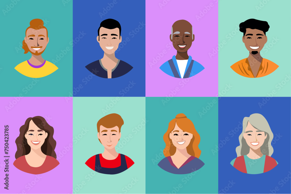 Set vectorial de retrato de personas de diferentes razas con fondo de colores. Retrato personas trabajadoras en color. Set vectorial de retrato de personas de diferentes razas con fondo de colores. Retrato personas trabajadoras en color.