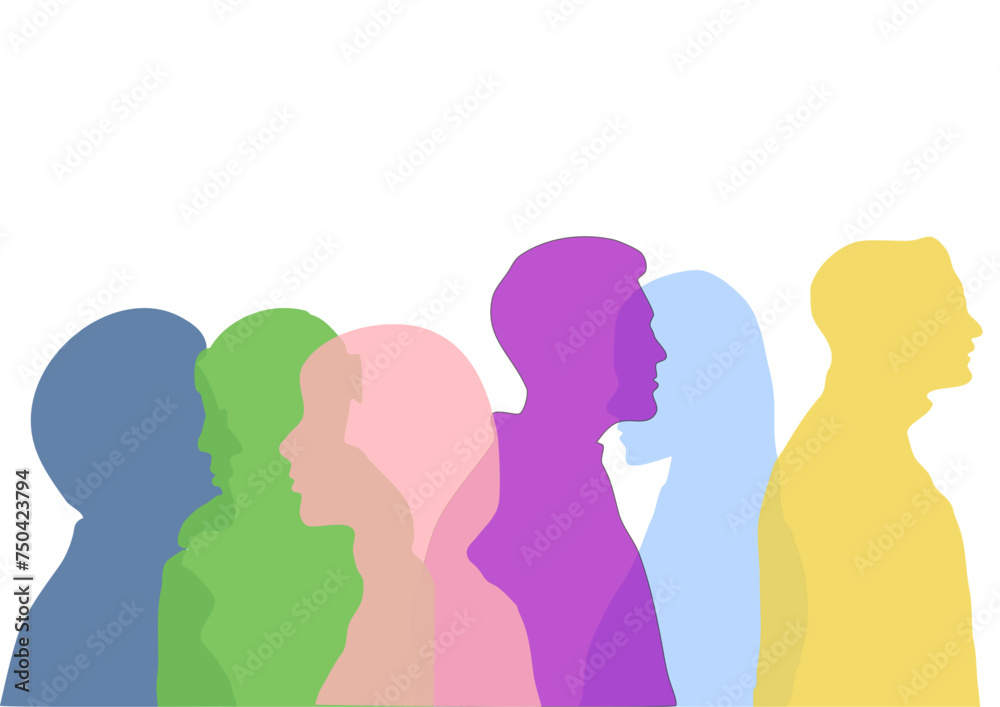 Grupo de personas de perfil de diferentes razas y colores con fondo transparente. Retrato de perfil de colores de diferentes personas.