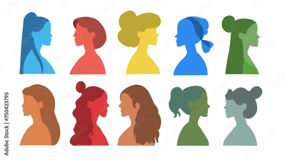 Set de vectores de perfiles de mujeres diferentes de colores con fondo blanco. Retratos de perfil de personas. - obrazy, fototapety, plakaty 