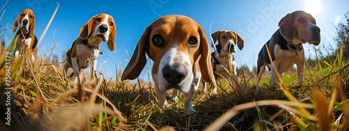 A cute beagle dog playfully sits in a field of green grass © Alice a.