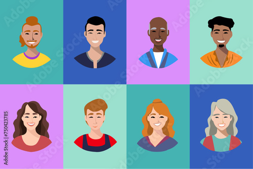 Set vectorial de retrato de personas de diferentes razas con fondo de colores. Retrato personas trabajadoras en color.