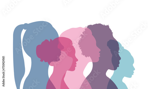Silhouettes of women of different nationalities standing side by side.Vector illustration.