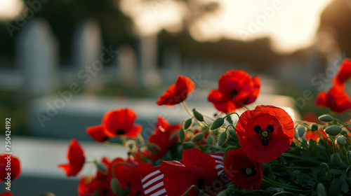 Red poppies  on a gravestone for Memorial Day. photo