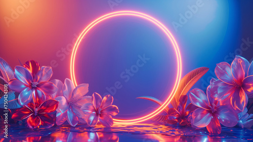 neon circle among the blooming pink flowers, creating a calm and magical atmosphere