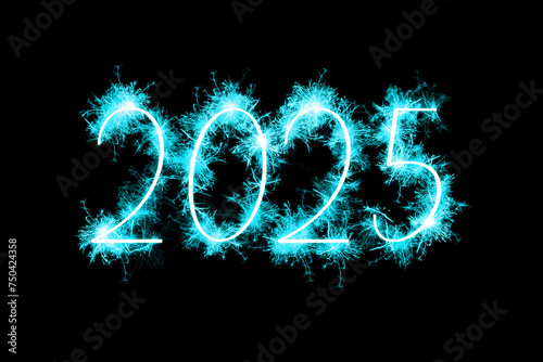 Happy new year 2025 on black background blue firework