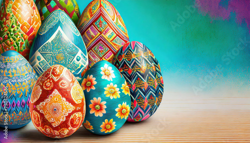 Wooden colorful cartoon easter eggs in different colors and ethnic patterns. eggs on the left side of the picture. 1/3 of the left frame is left blank for text photo
