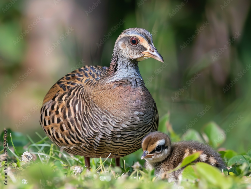 A mother quail watches over her tiny chick in the underbrush. A mother quail watches over her tiny chick in the underbrush.
