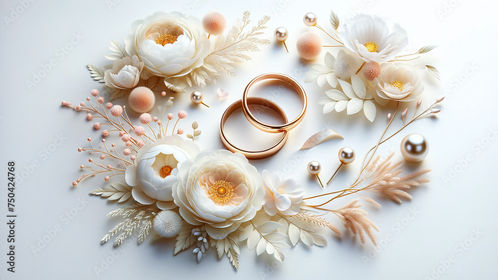 Obraz premium Two golden wedding rings and floral elements are on a pure white background.