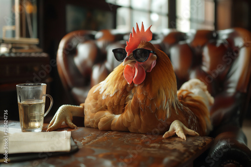 A chicken who is the director is sitting at the luxurious director's table
