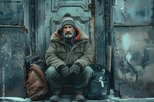 Homeless Man in Winter Isolation and Survival on the Streets