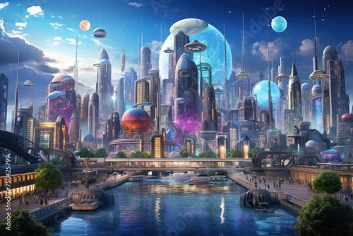 Futuristic cityscape with lush greenery and advanced architecture  depicting urban development visionar city with advanced technology  featuring skyscrapers  flying vehicles  and holographic displays.