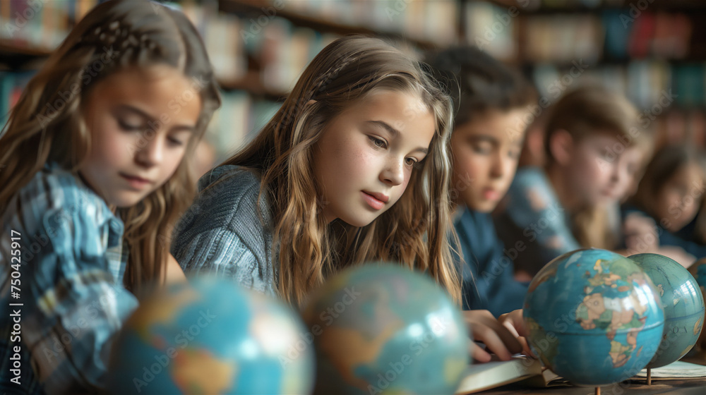 A group of 13 year old children are studying in the library, using globes - obrazy, fototapety, plakaty 