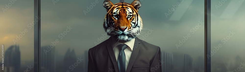 A tiger in black suit going to work in the town portrait photography. - obrazy, fototapety, plakaty 