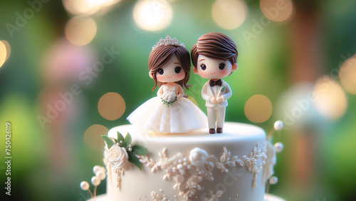 A beautifully decorated wedding cake topped with cute figures of two charming women in dresses