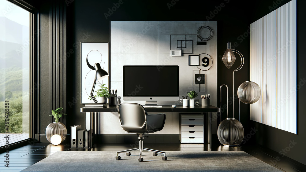 modern and stylish office desk setup, computer mockup on a sleek table against a black wall