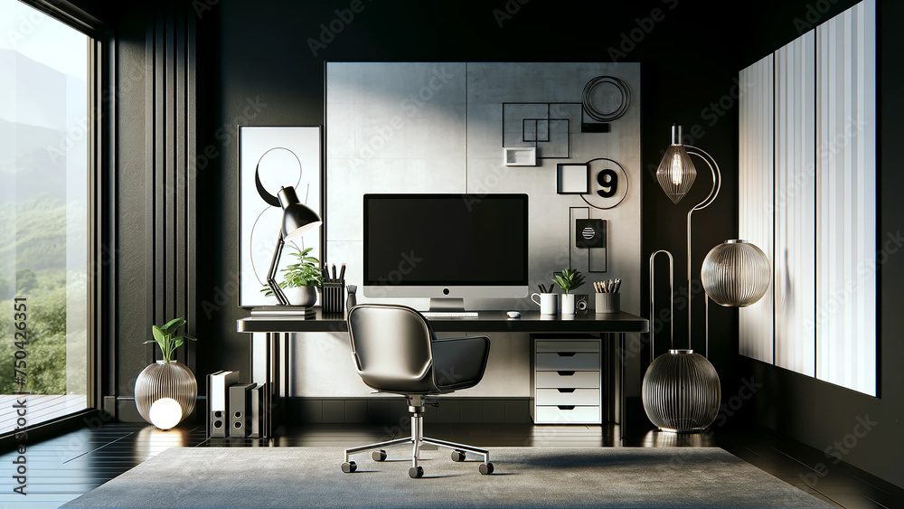 modern and stylish office desk setup, computer mockup on a sleek table against a black wall modern and stylish office desk setup, computer mockup on a sleek table against a black wall