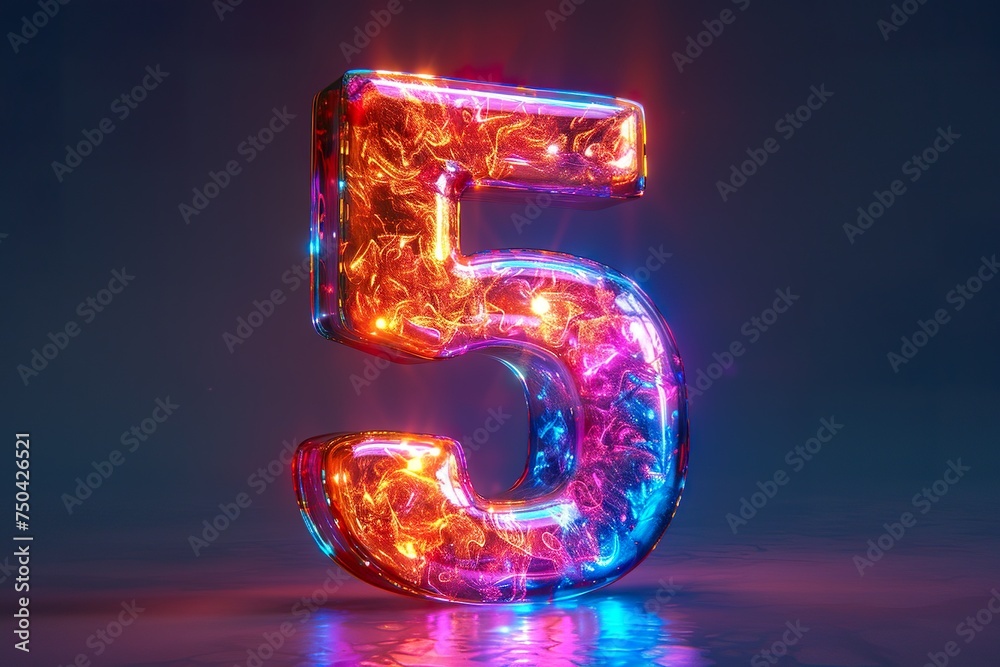 Number 5 - colorful glowing outline alphabet symbol on blue lens ...