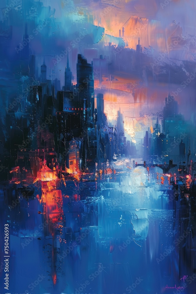 Abstract cityscape painting with vibrant blue and warm tones.