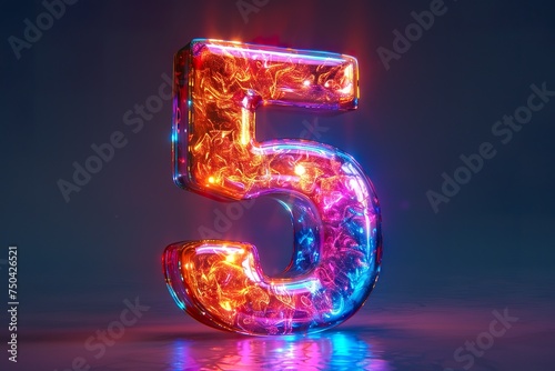 Number 5 - colorful glowing outline alphabet symbol on blue lens isolated white background © Poulami