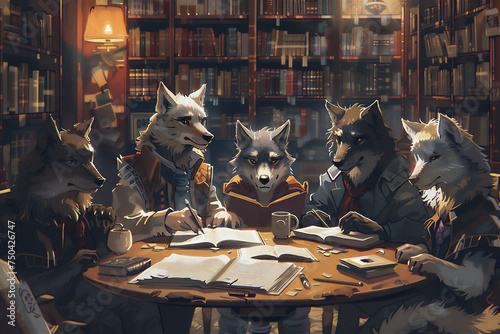 A pack of wolves was discussing at a round table, in a well-stocked library photo