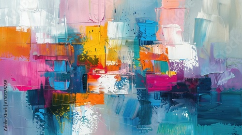 Colorful abstract painting with patchwork of blues, pinks, and yellows.