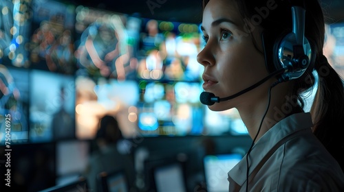 Woman in Control Center with Headset and Live Video Screens in Atmospheric Lighting