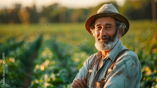 A farmer stands proudly in front of his flourishing crop fields. Concept Outdoor Photoshoot, Agriculture, Farm Life, Crop Fields, Farmer Portrait
