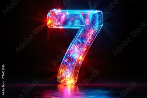 Number 7 - colorful glowing outline alphabet symbol on blue lens isolated white background